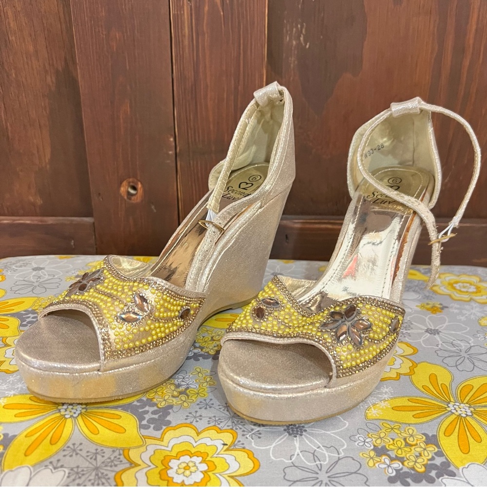 Chic Gold and Yellow Wedge Sandals